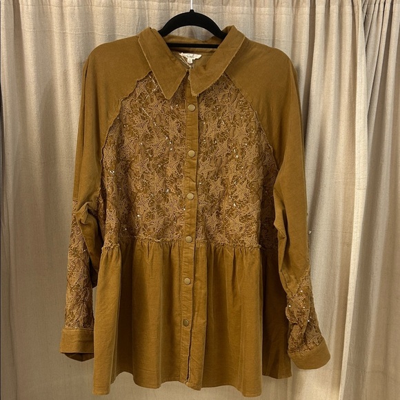 Women's Lace Detail Button-Up Top in Brown - Easel - Picture 1 of 6